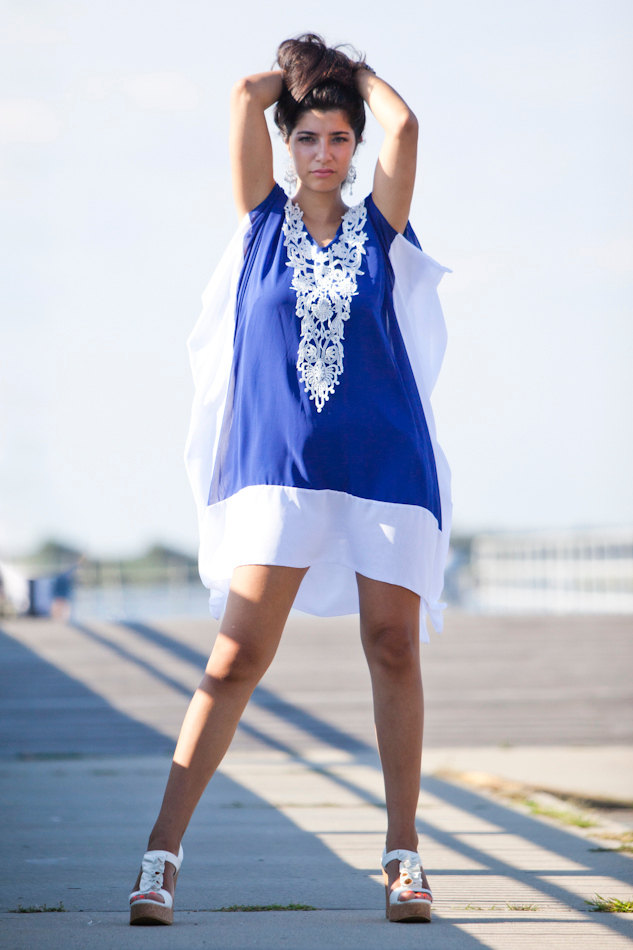 F4556 Blue White Chiffon Colorblock Crochet Applique Kaftan